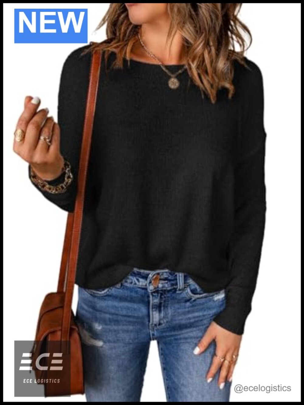 Womens Lightweight Acrylic Knit Long Sleeve Crewneck Pullover Top